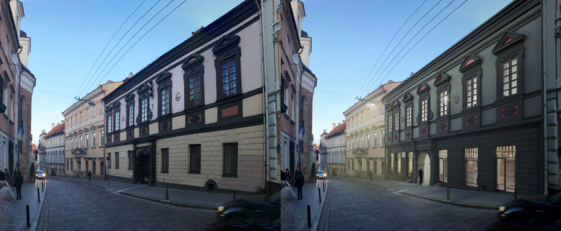 Dominikonų street - now and after restoration. Visualization by DO architects