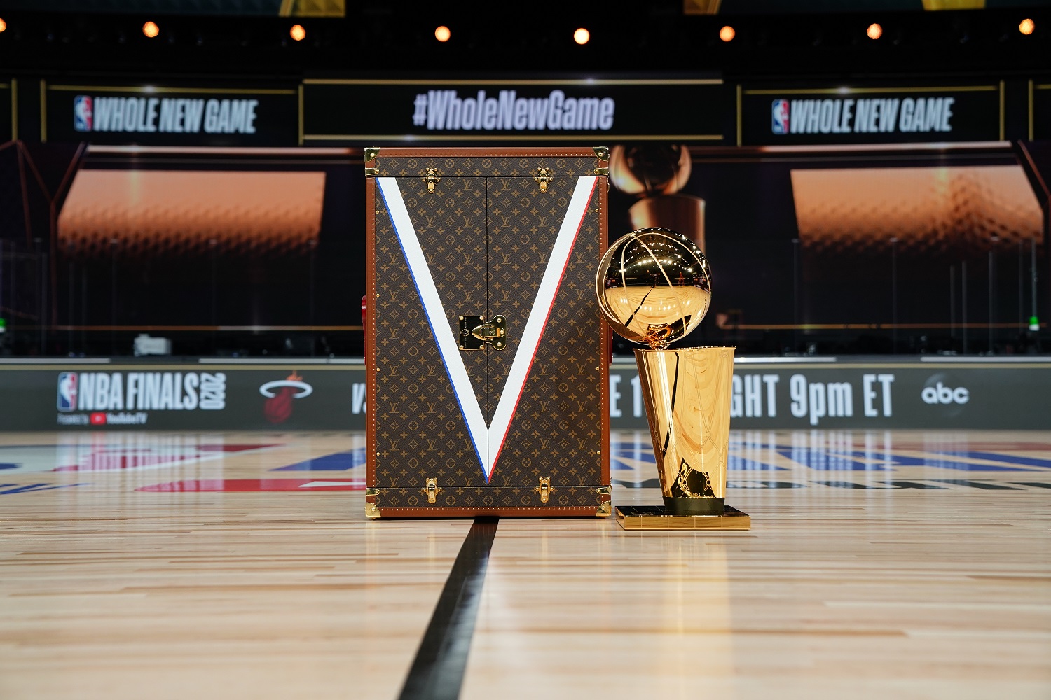 ORLANDO, FL - SEPTEMBER 30: A portrait of the Larry O'Brien Championship Trophy along with the Louis Vuitton Travel Case prior to Game one of the 2020 NBA Finals as part of the NBA Restart 2020 on September 30, 2020 at AdventHealth Arena at ESPN Wide World of Sports Complex in Orlando, Florida. NOTE TO USER: User expressly acknowledges and agrees that, by downloading and/or using this photograph, user is consenting to the terms and conditions of the Getty Images License Agreement.  Mandatory Copyright Notice: Copyright 2020 NBAE (Photo by Jesse D. Garrabrant/NBAE via Getty Images)