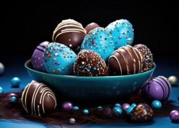 easter eggs on a blue table on top of sprinkles and chocolate.