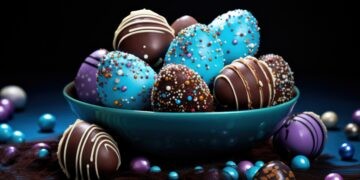 easter eggs on a blue table on top of sprinkles and chocolate.