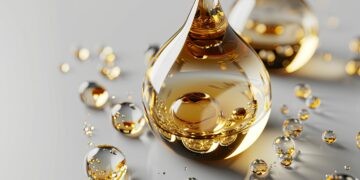 Golden Skincare Oil Drops with Air Bubbles on White Background Generative AI.