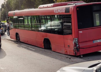 Толпа собирается на улице Осло у торгового центра Depo. В результате аварии маршрутный автобус потерял заднее колесо. Вильнюс, 2024 (Скирмантас Лисаускас/BNS)
