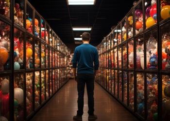 Мужчина делает покупки ночью в освещенном розничном магазине, созданном искусственным интеллектом