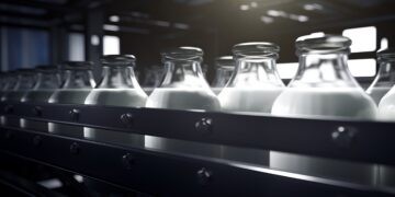 Ритмическое движение конвейера для бутылок с молоком символизирует отлаженный процесс производства молочной продукции, подчеркивая эффективность и бесперебойность процесса розлива молока, автоматизацию и производительность в молочной промышленности.