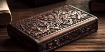 Antique leather bible book cover, ornate decoration generated by artificial intelligence